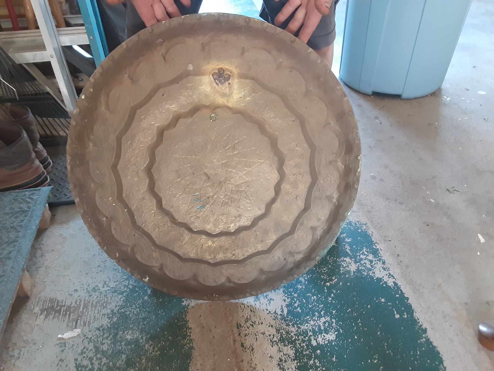 Ornate brass tray — before restoration